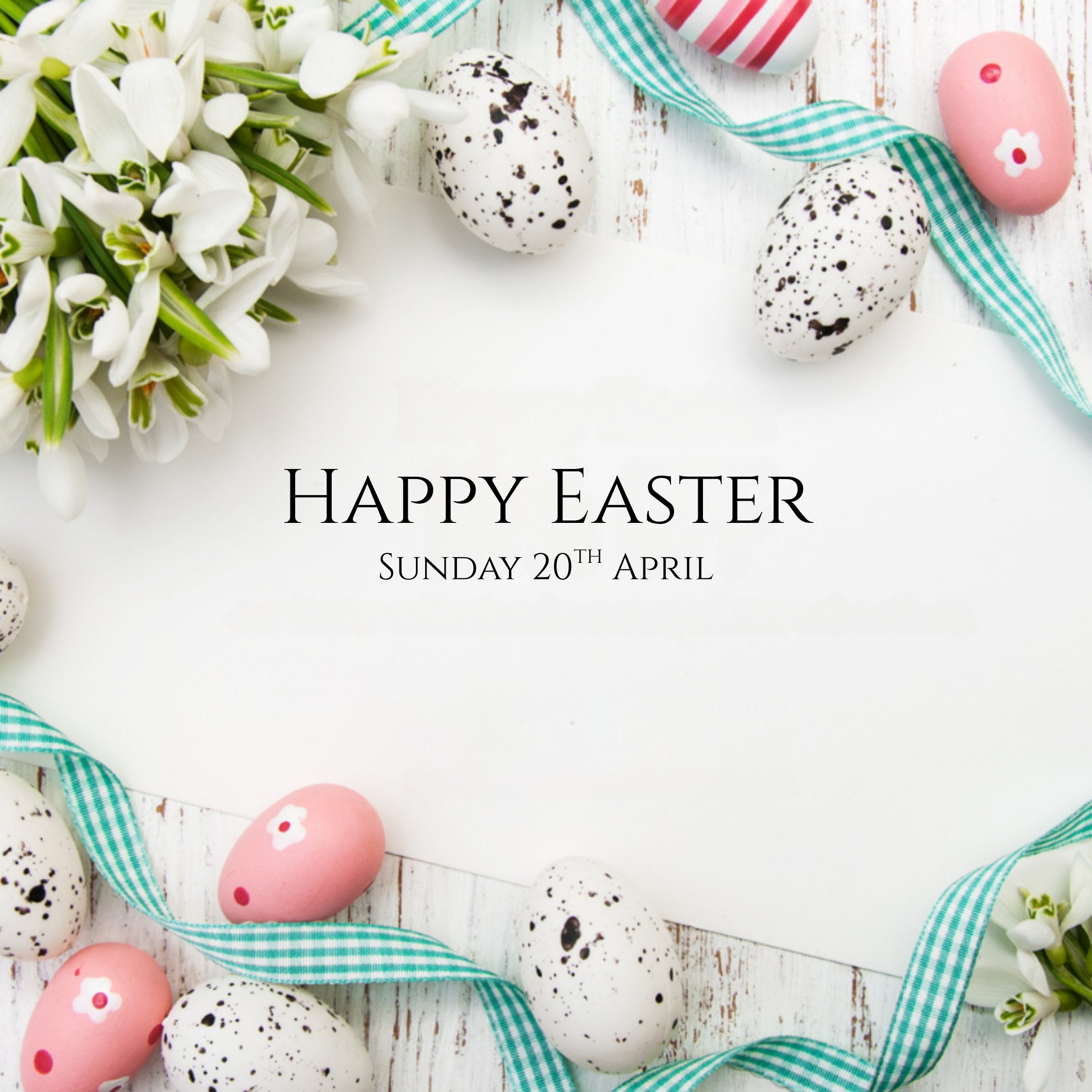 Happy Easter image with Easter eggs and flowers